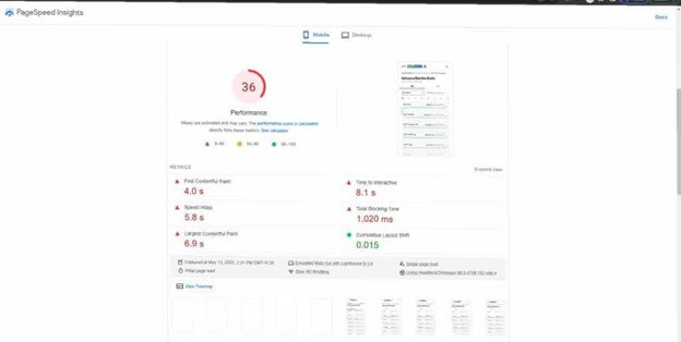 Google page insights result before optimization