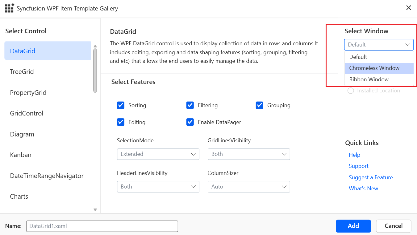 Select any option from the Select Window