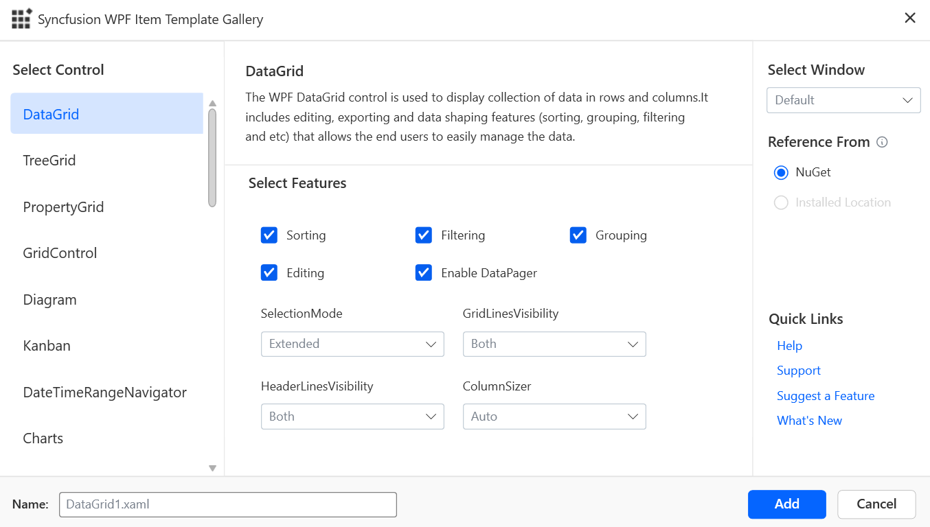 Syncfusion WPF Item Template Gallery window