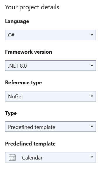 Select language, framework, reference type, and template