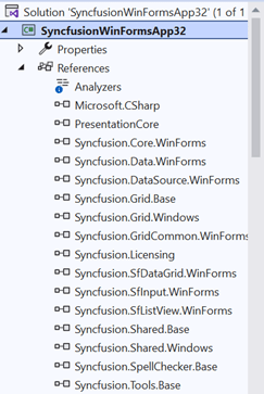 Syncfusion WinForms project created with necessary files, assemblies, and NuGet packages