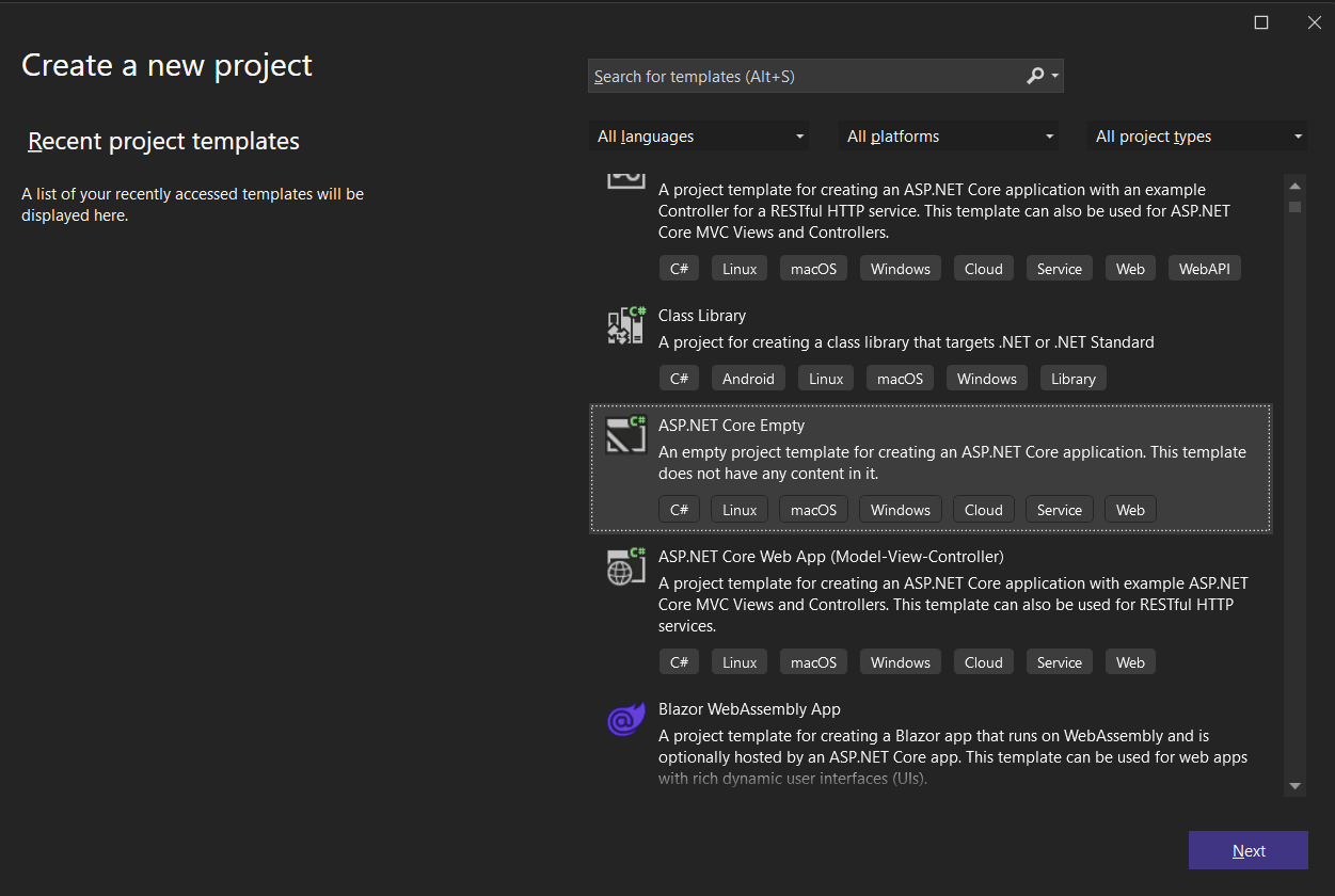 Choose the ASP.NET Core Empty project template