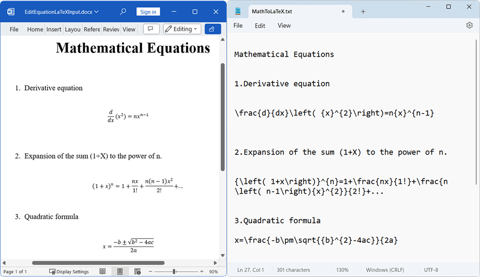 Converting mathematical equations to LaTeX code in .NET Word Library