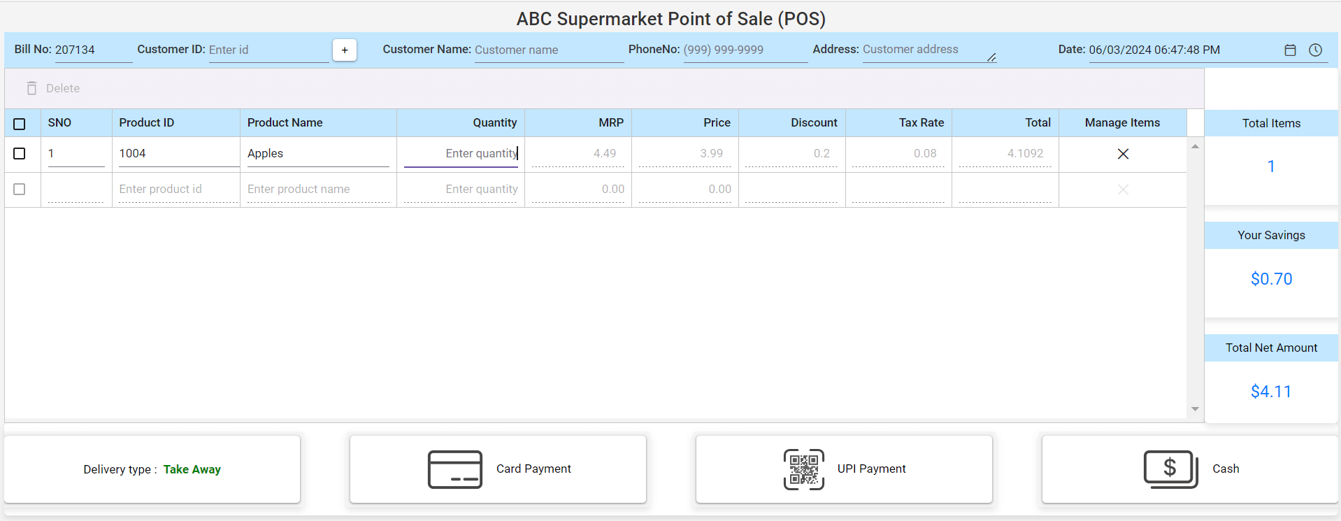 Entering value in Quantity column