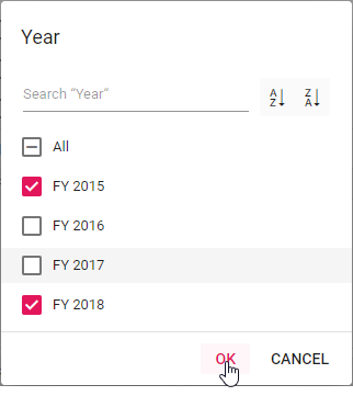 FY 2015 and FY 2018 have been filtered in the filter dialog