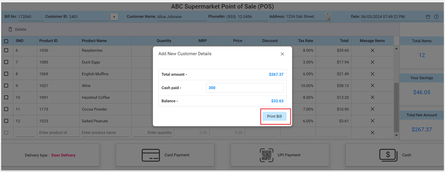 Select the Print Bill option