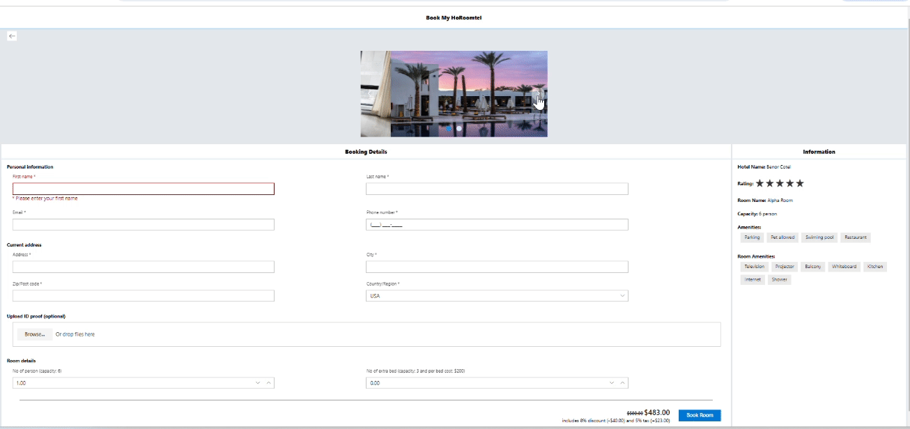 Displaying slideshow of room and hotel images using the React Carousel Component 