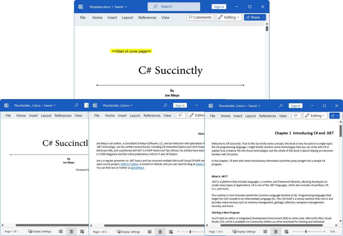 Splitting a Word document by placeholders using C#