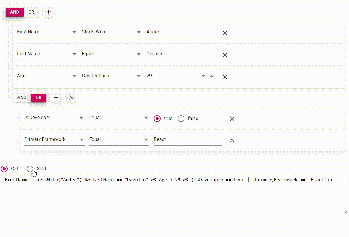 Integrating CEL and SpEL queries in Angular Query Builder