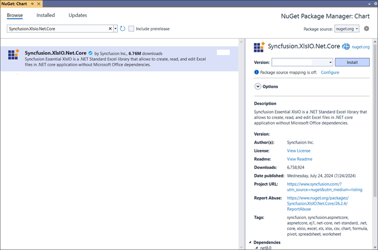 Install the Syncfusion.XlsIO.Net.Core NuGet package