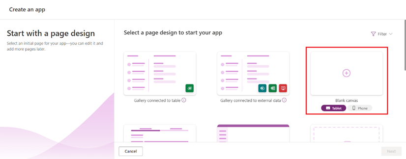 Choosing Table or Phone layout under Blank Canvas