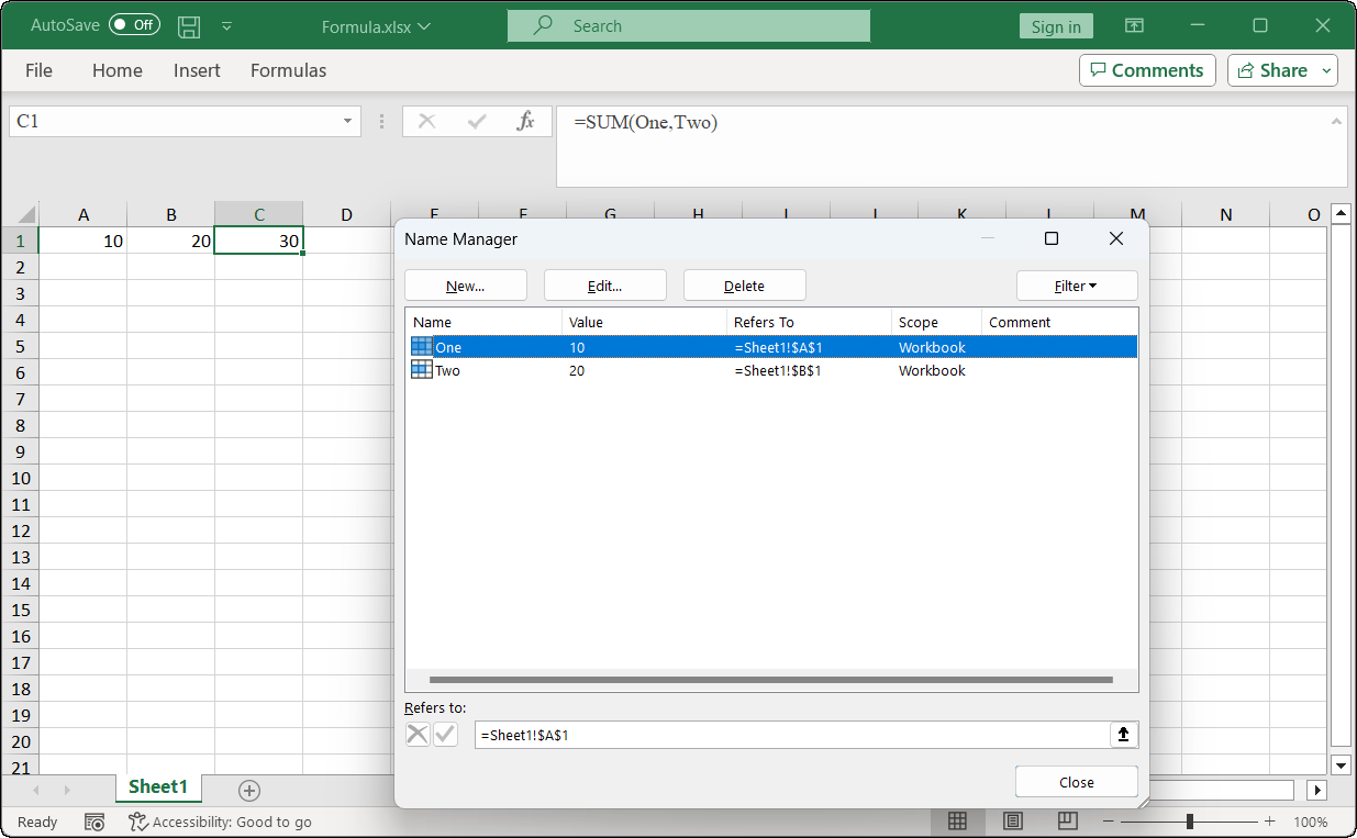 Using named ranges to calculate a formula in Excel using C#