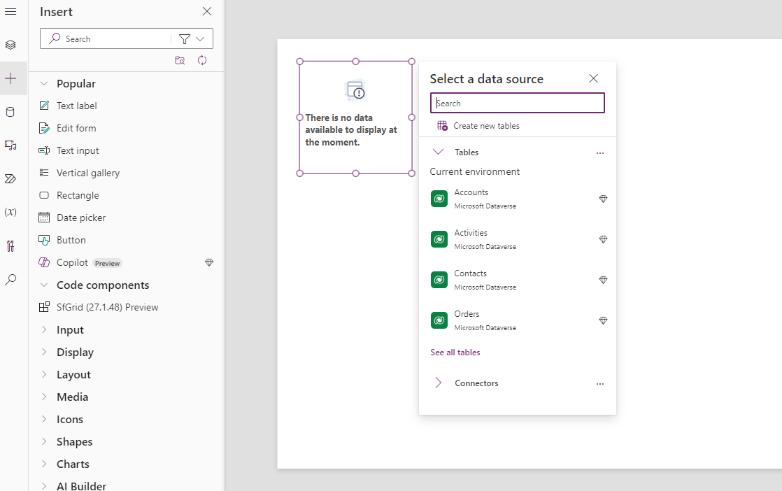 Click or drag the SfGrid component into the app screen