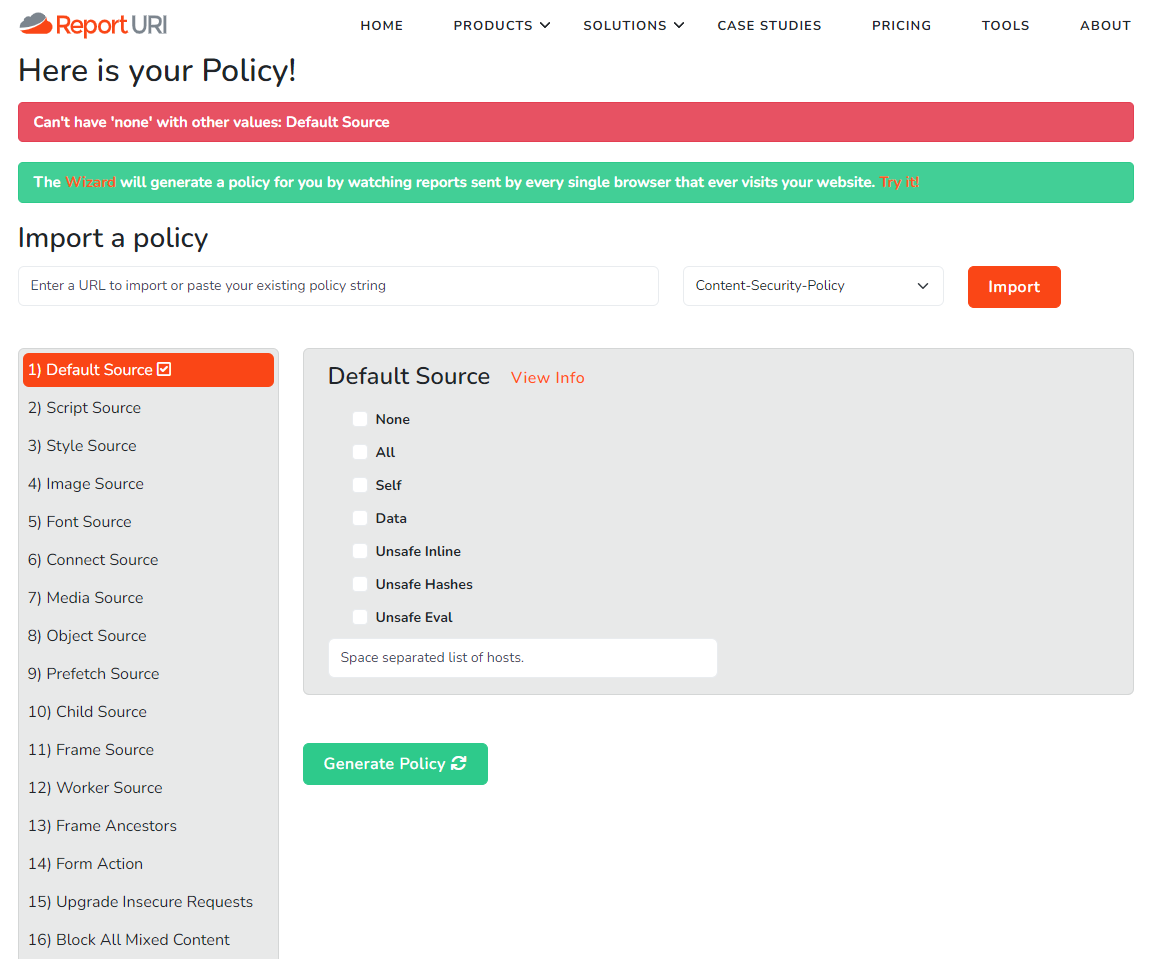 Report URI's CSP Generator