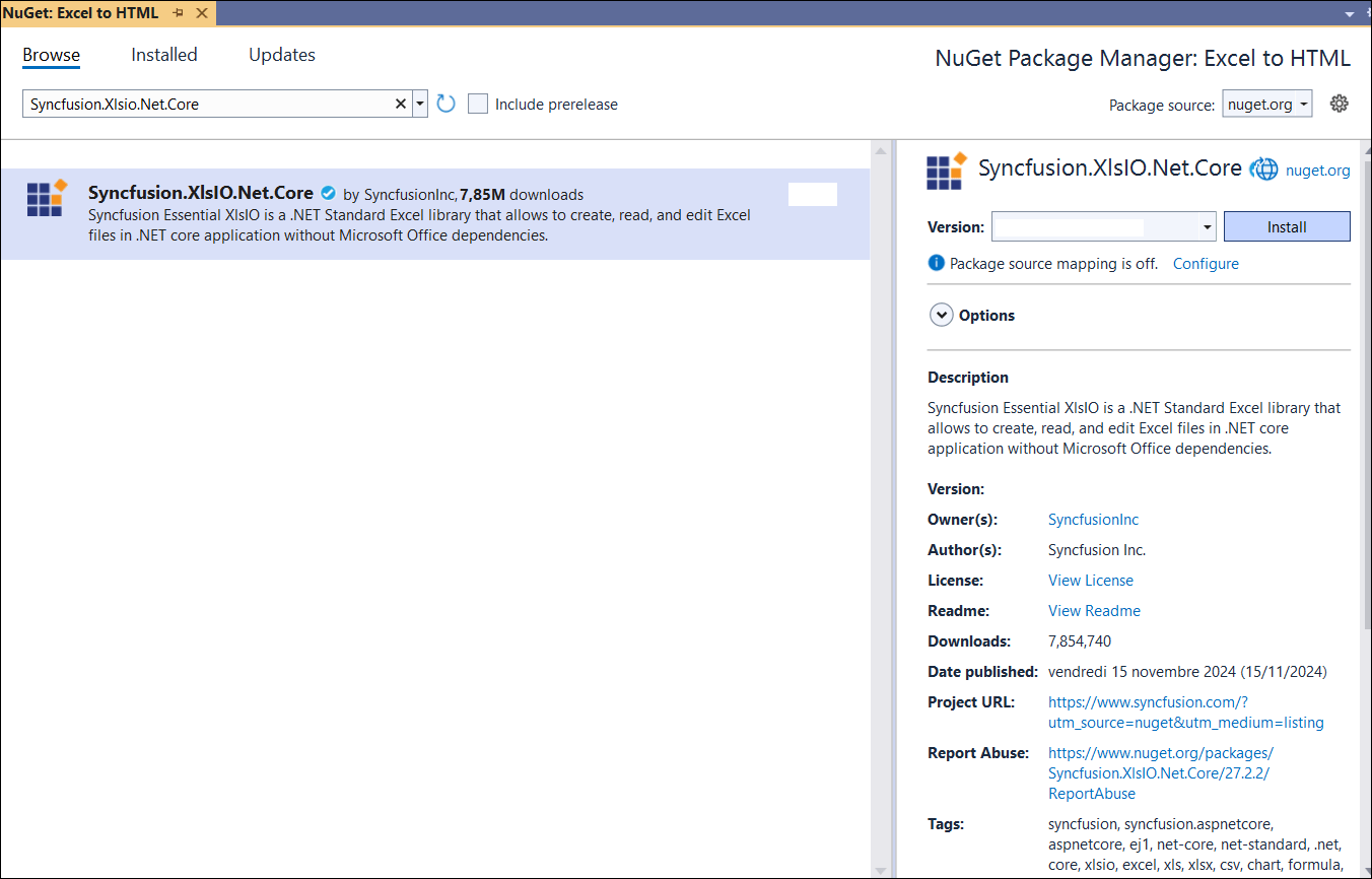 Install Syncfusion.XlsIO.Net.Core NuGet package