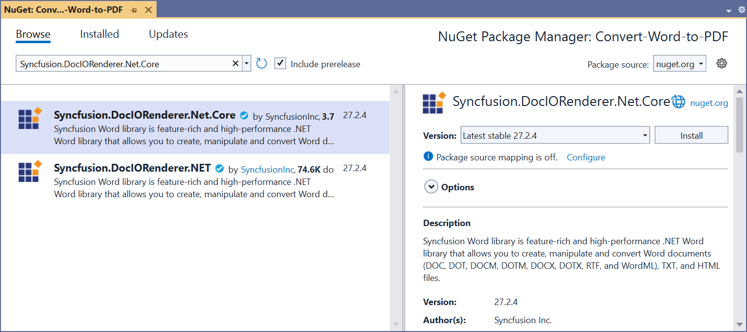 Install the Syncfusion.DocIORenderer.Net.Core NuGet package