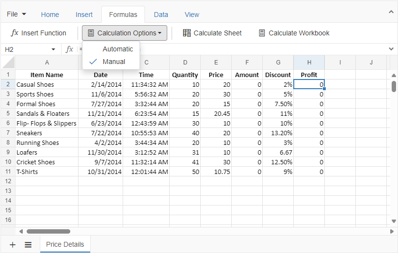 Manual calculation mode in JavaScript Spreadsheet