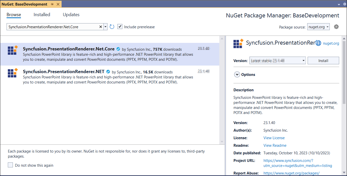 Install the Syncfusion.PresentationRenderer.Net.Core NuGet package