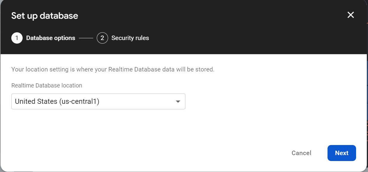 Choose a database location and configure the initial security rules