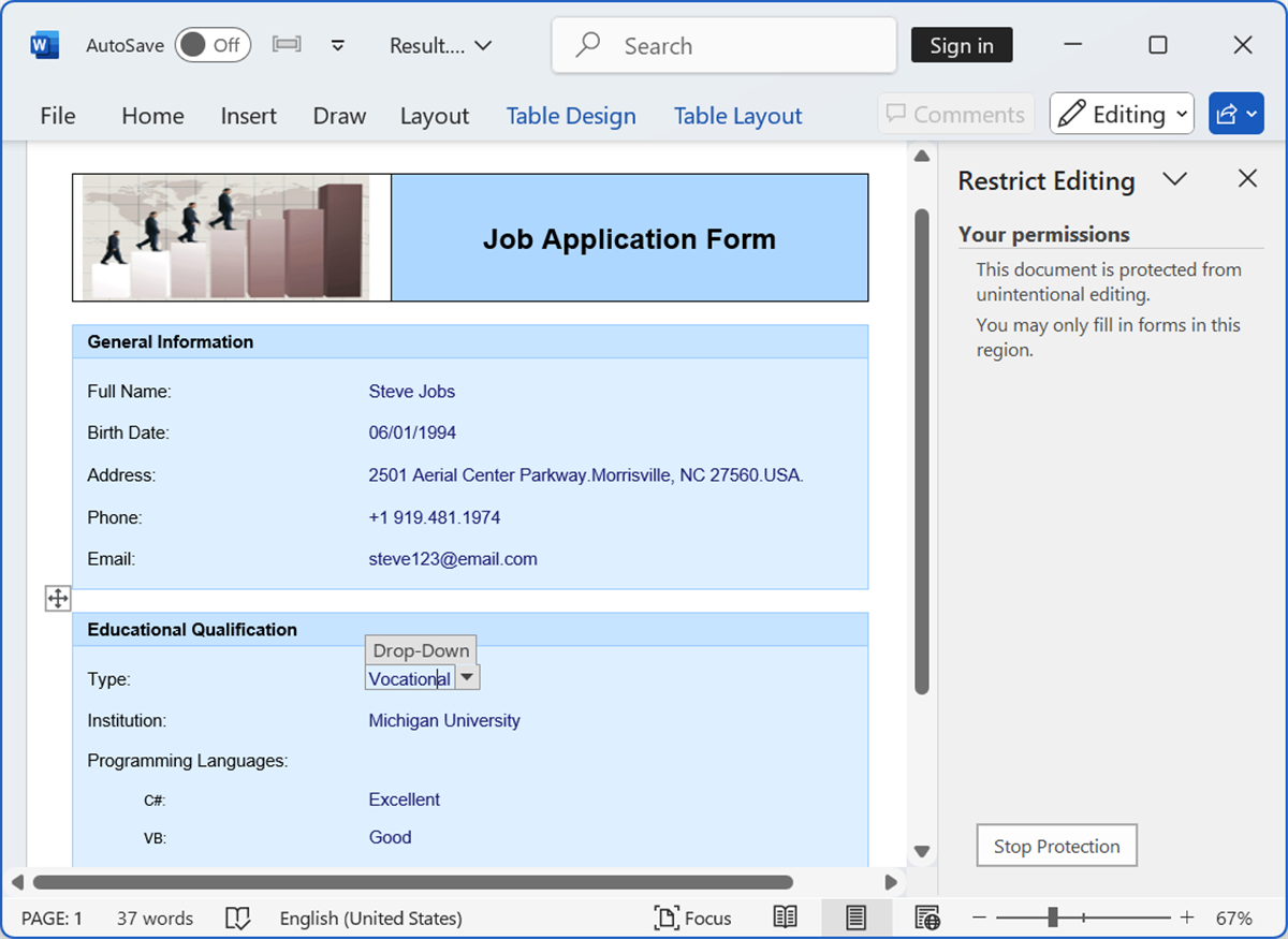 Restricting a Word document to allow only form fields to be filled