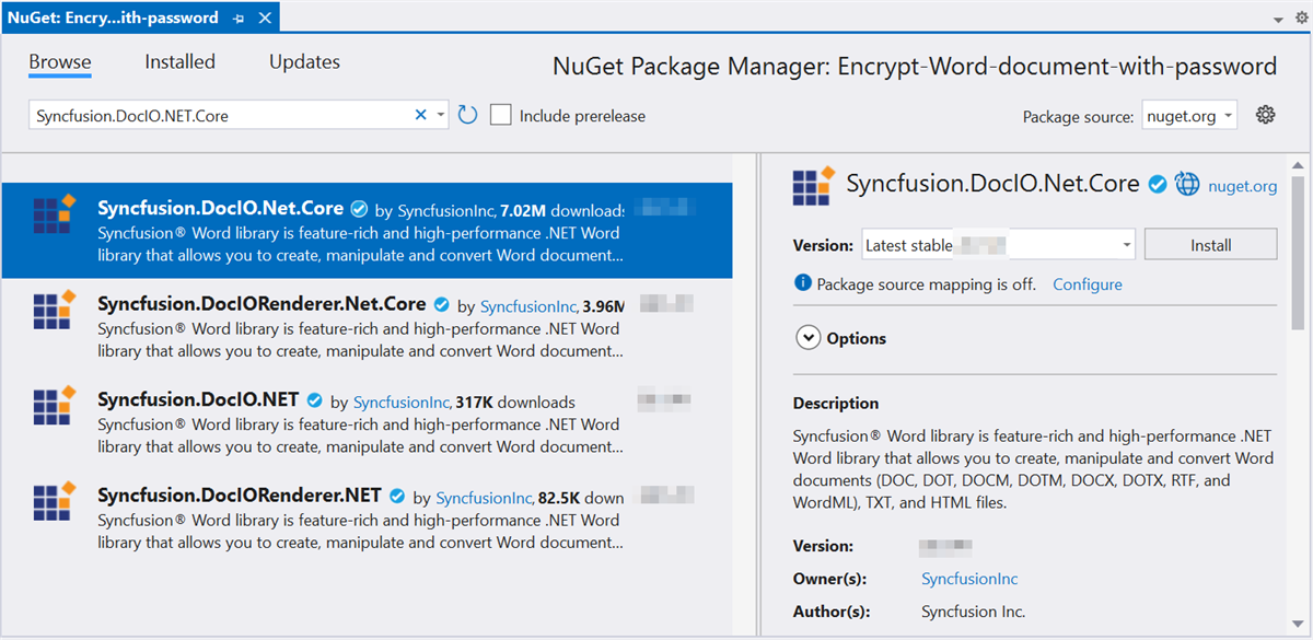 Install the Syncfusion.DocIO.Net.Core NuGet package