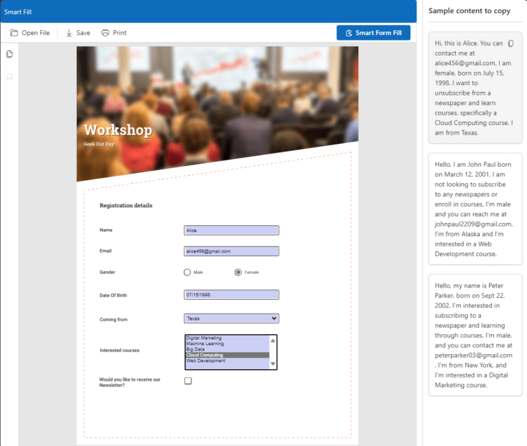 Smartly filling form fields in a PDF using Blazor PDF Viewer and AI